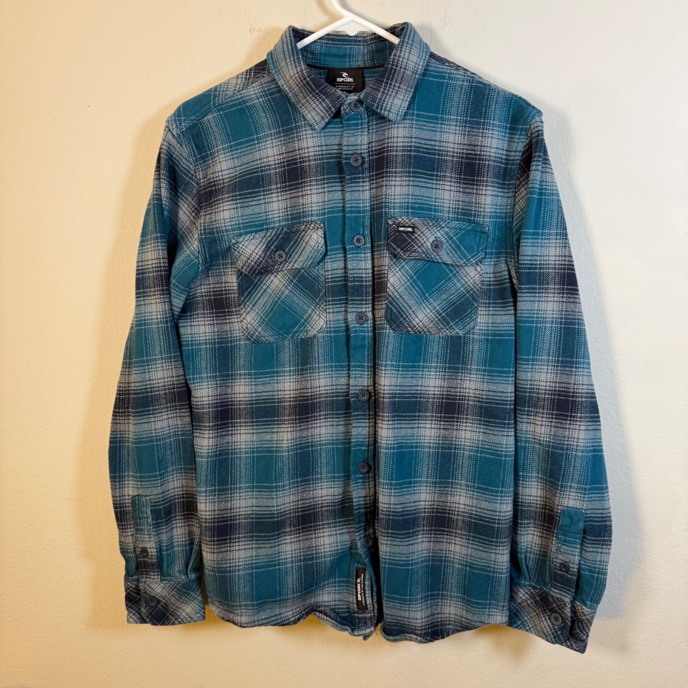 Rip Curl Mens Thick Plaid Flannel Shirt Teal Blue‎ Long Sleeve Button Down Small